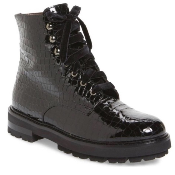 ATTILIO GIUSTI LEOMBRUNI Combat Boot Croc Embossed Patent Leather Size NWOT - Picture 1 of 12